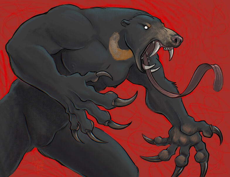 Weresunbear hunched over roaring with a long floppy tongue hanging out. Claws spread and ready to slash some faces.