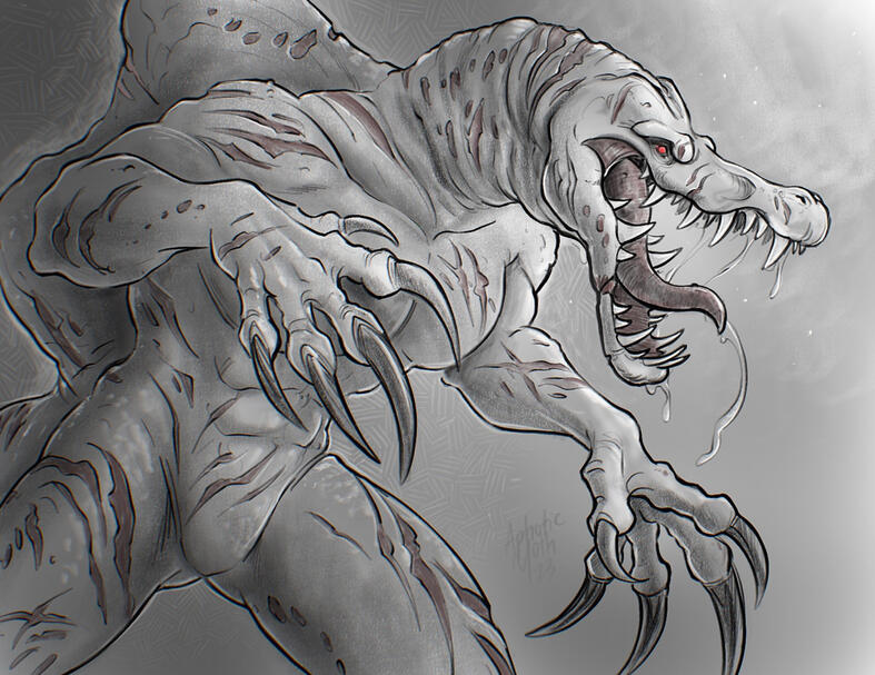 Brutal beast covered in scars. Long claws and a mouth full of teeth and slobber. He's looking for a snack.