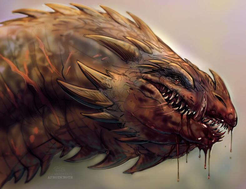 A dying dragon drools blood as it nears the end. Poor thing just wanted to live. Old scars show that it did not have an easy life.