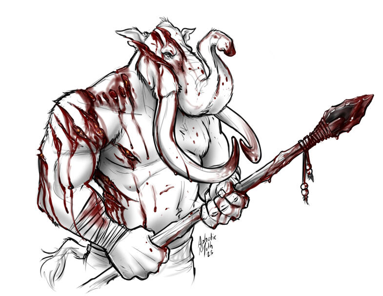 Mammoth anthro covered in blood and gashes from a brutal fight. He holds a blood soaked obsidian spear.