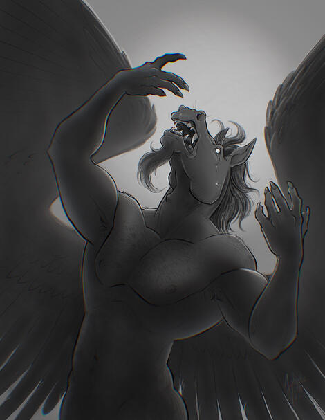 Werepegasus finishing his transformation. He cries out in pain. Reaching up to look at his hand.