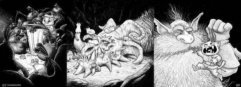 Bait - A street cat uses a hunk of cheese to lure out some mice from the trash. Dragon - A dragon and it's hoard of cats takes a nap. Kitties all over the dragons face. Wild - A really hairy dwarf with pointy ears holds a tiny cat warrior by its hood. The